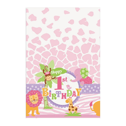 Pink-White - Front - Unique Party Plastic Safari 1st Birthday Party Table Cover