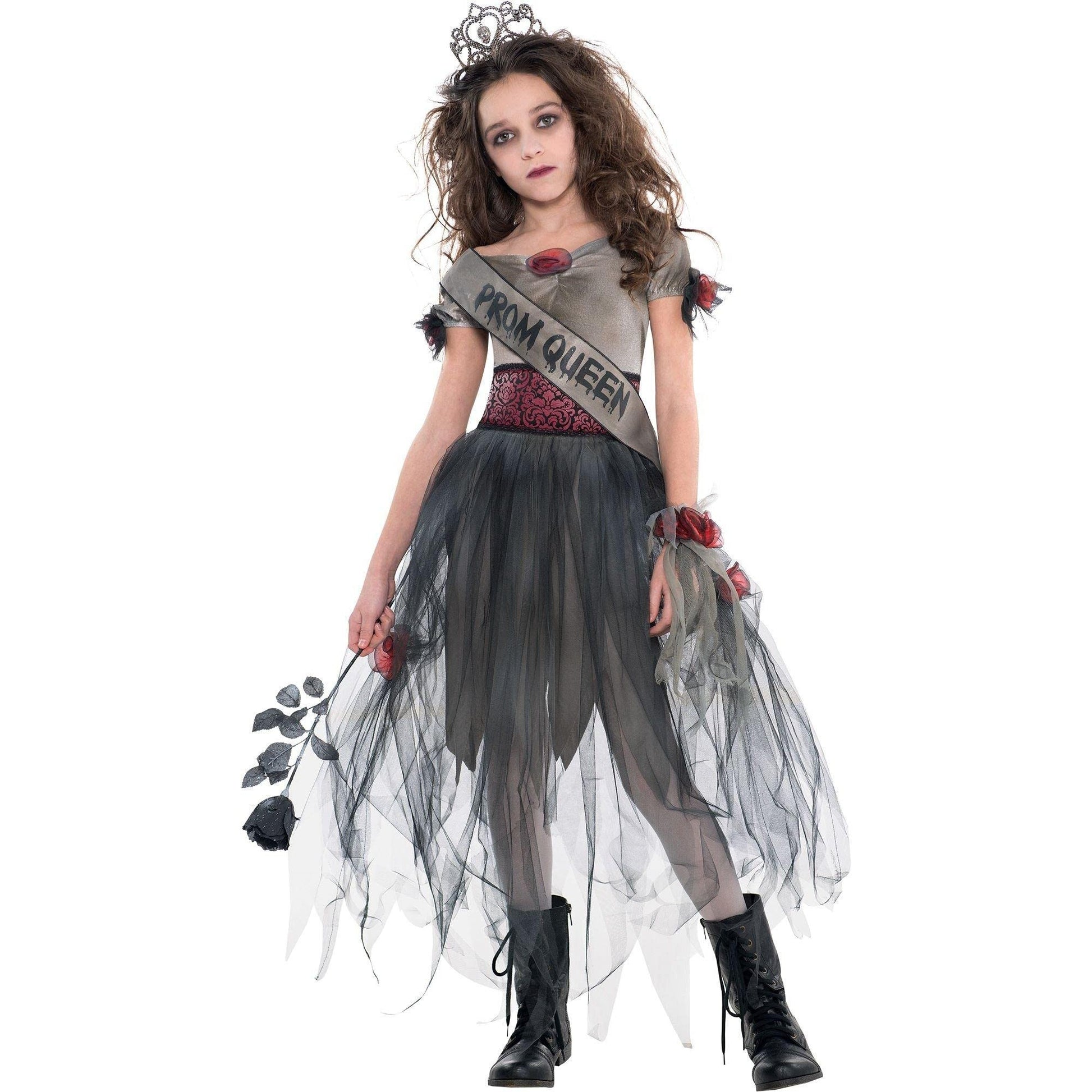 Grey-Red - Front - Amscan Girls Prombie Queen Zombie Costume Dress