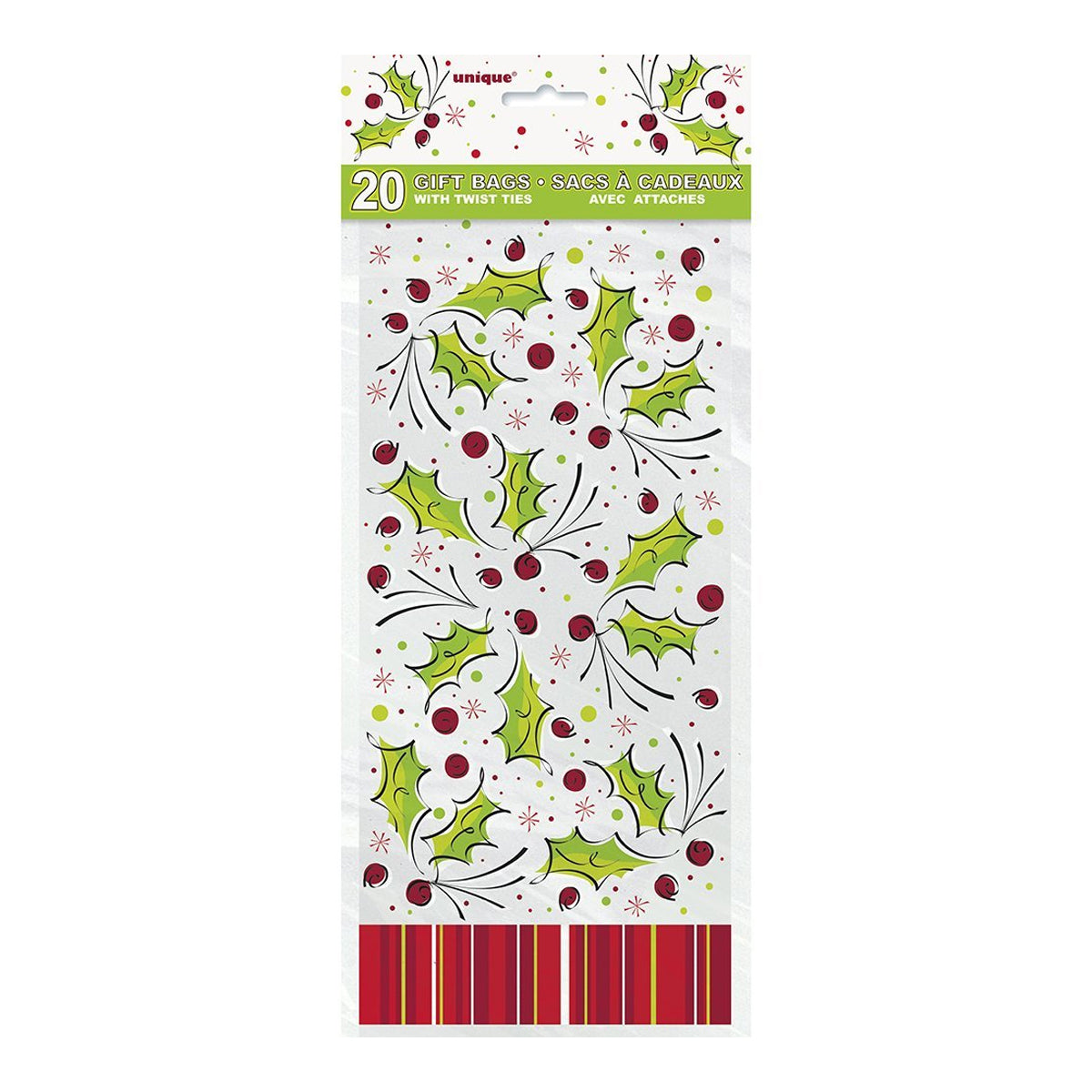 White-Green-Red - Back - Unique Party Holly Cellophane Christmas Party Bags (Pack of 20)