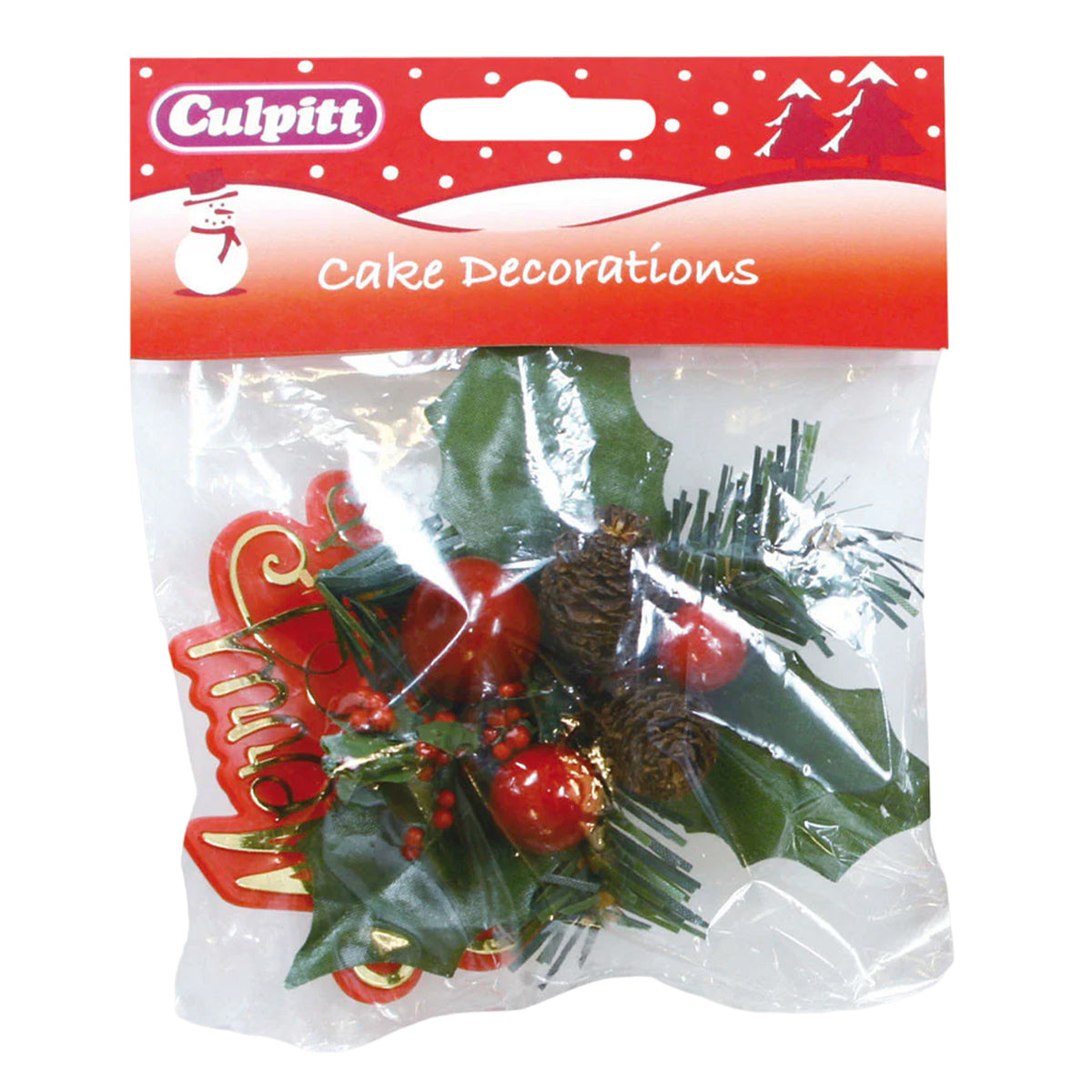 Red-Green-Gold - Back - Culpitt Merry Christmas Holly Cake Decoration (Pack of 2)