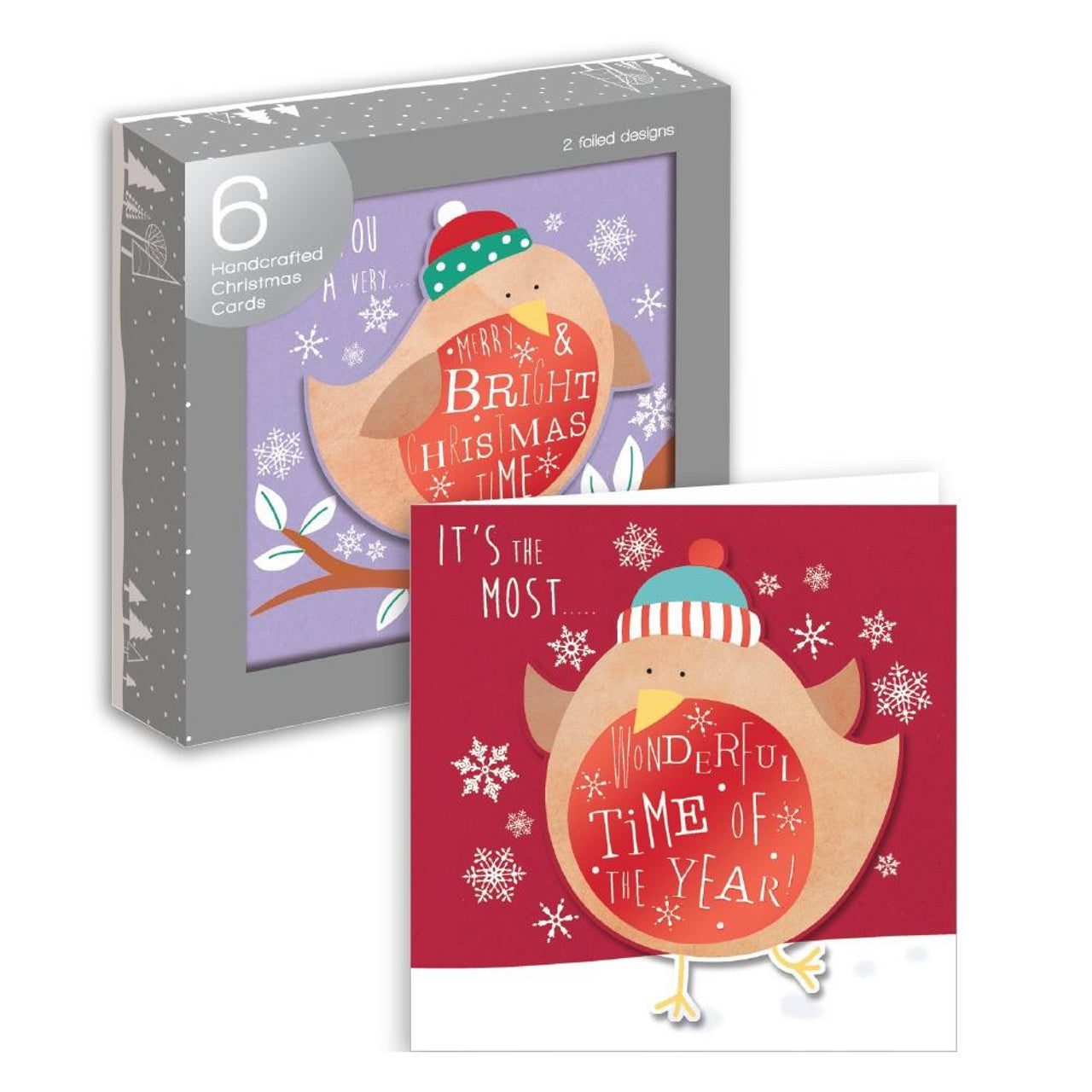 Multicoloured - Front - Handcrafted Robin Christmas Card (Pack of 6)