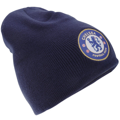 Navy - Front - Chelsea FC Mens Official Knitted Winter Football Crest Beanie Hat