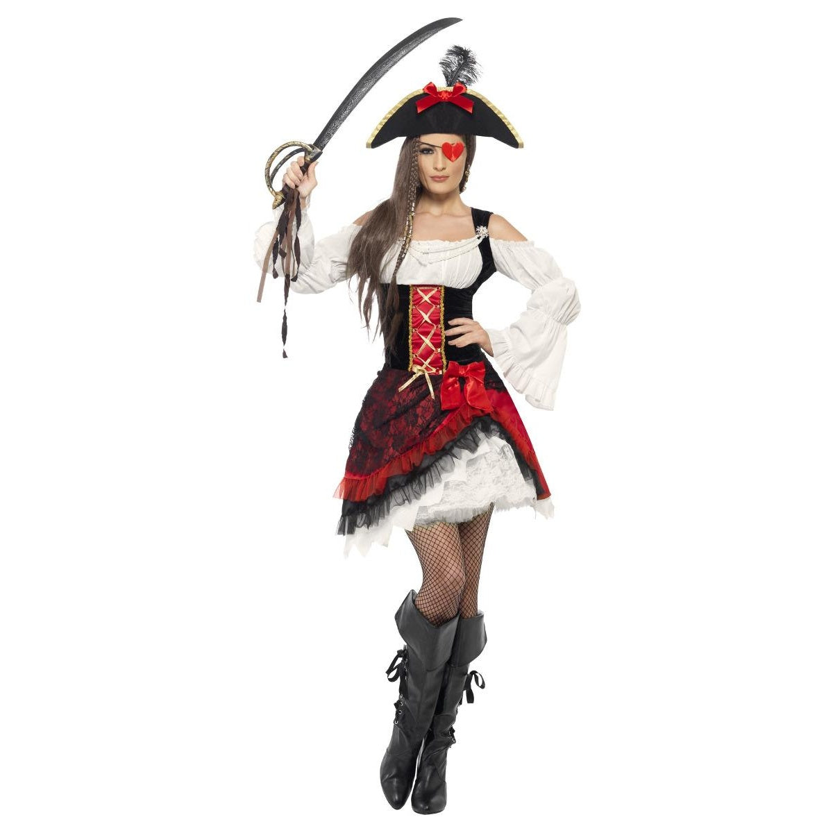 Red-White-Black - Front - Smiffys Womens-Ladies Glamorous Pirate Costume Set