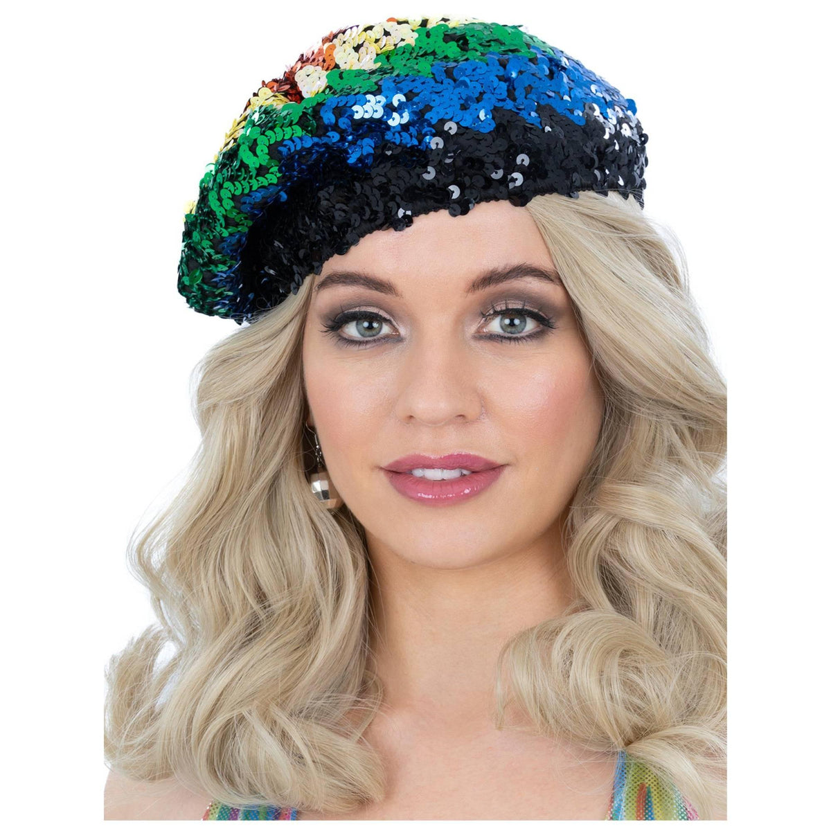 Multicoloured - Back - Smiffys Unisex Adult Rainbow Sequin Costume Beret
