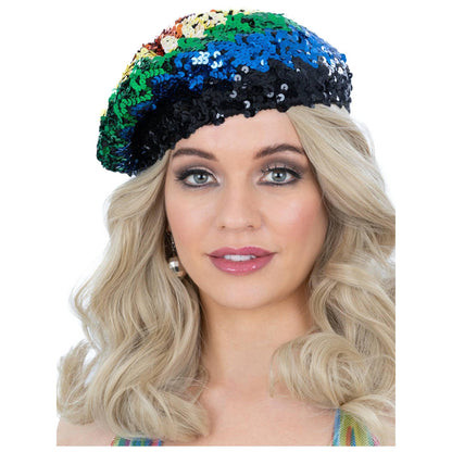 Multicoloured - Back - Smiffys Unisex Adult Rainbow Sequin Costume Beret