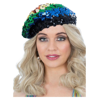 Multicoloured - Front - Smiffys Unisex Adult Rainbow Sequin Costume Beret