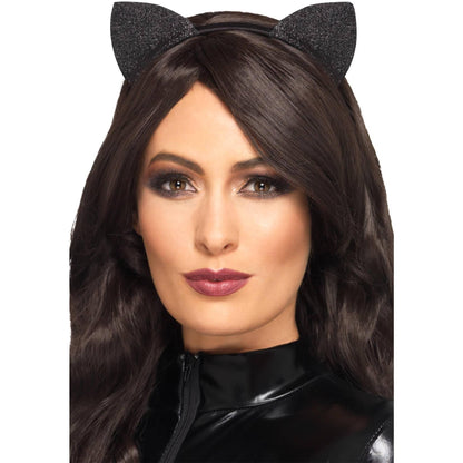 Black - Back - Smiffys Womens-Ladies Cat Ears Vinyl Glitter Headband