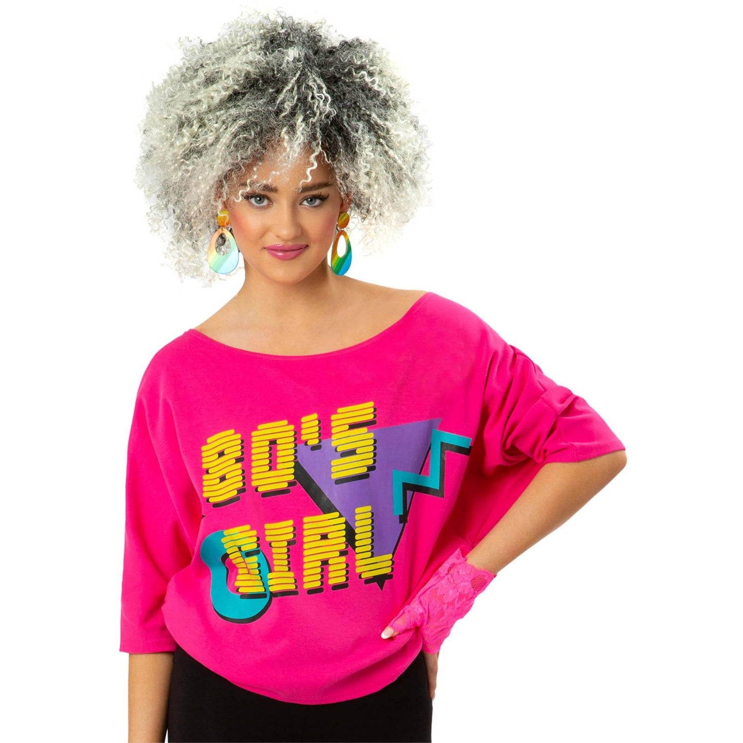 Neon Pink - Back - Smiffys Womens-Ladies 1980s Printed Batwing T-Shirt