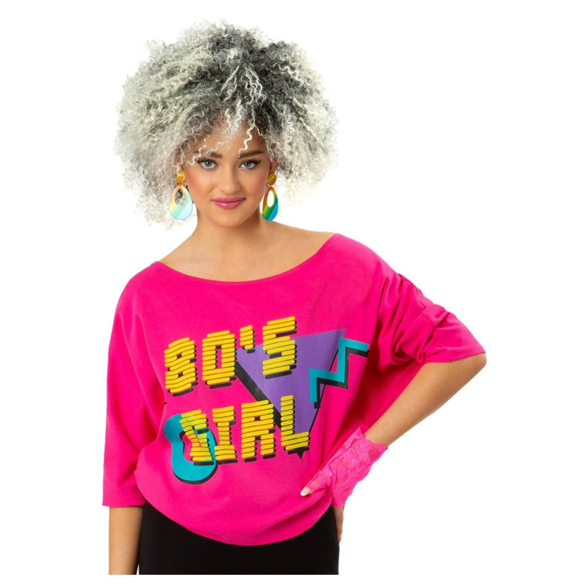 Neon Pink - Front - Smiffys Womens-Ladies 1980s Printed Batwing T-Shirt