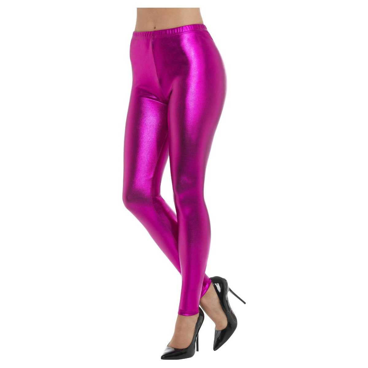 Pink - Back - Smiffys Womens-Ladies 80s Disco Metallic Leggings