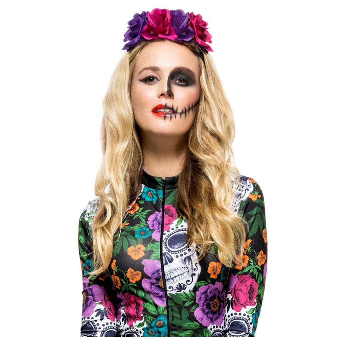 Purple-Pink - Front - Smiffys Womens-Ladies Rose Day Of The Dead Headband