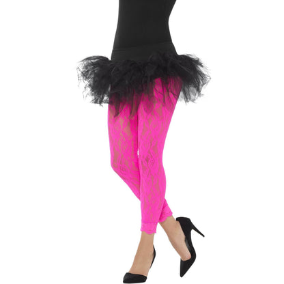 Neon Pink - Back - Smiffys Womens-Ladies 80s Lace Leggings
