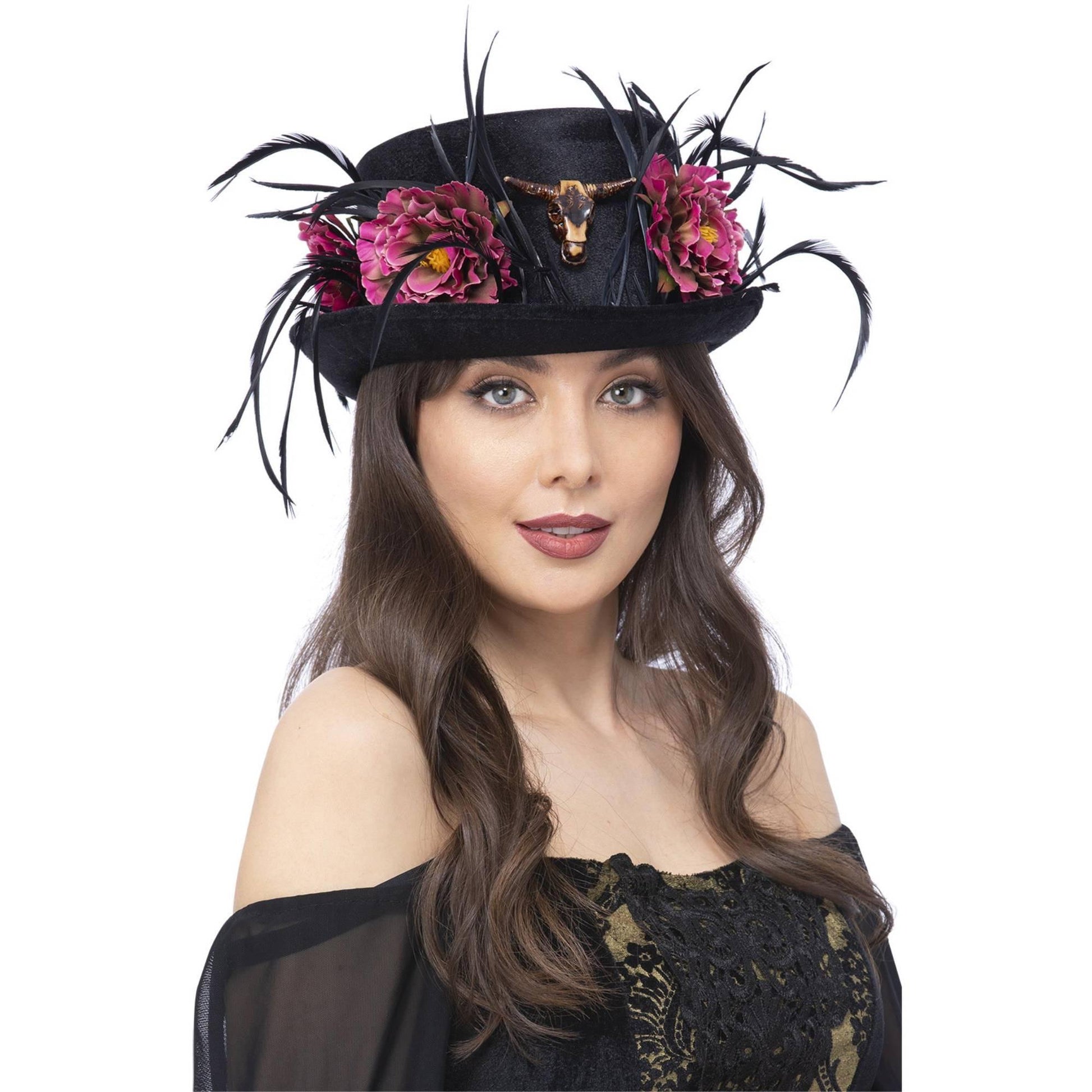 Black-Pink - Back - Smiffys Womens-Ladies Floral Horn Top Hat