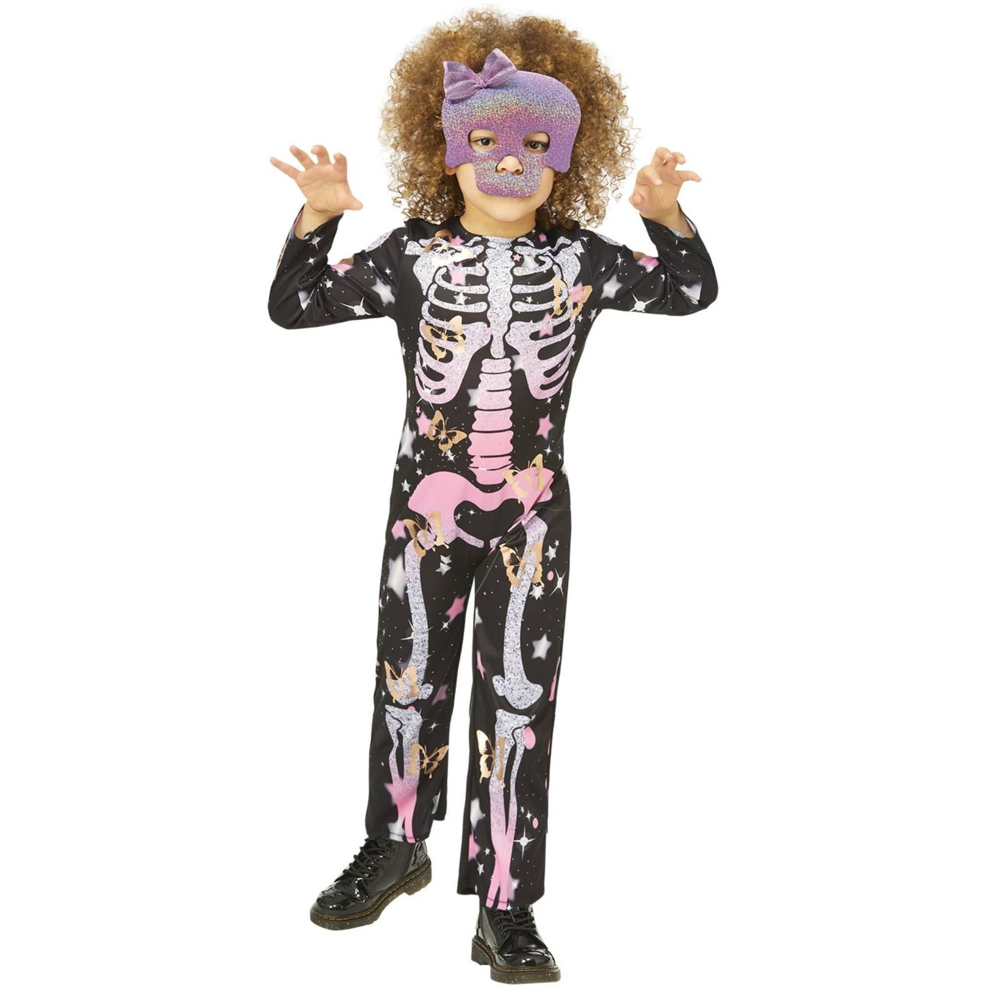 Black-Rose Gold-Pink - Back - Smiffys Girls Skeleton Sparkly Costume