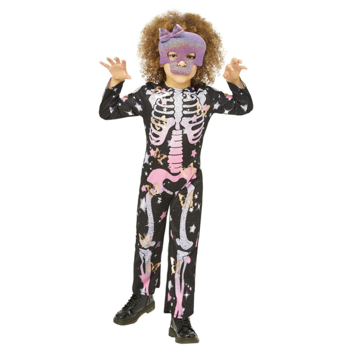 Black-Rose Gold-Pink - Front - Smiffys Girls Skeleton Sparkly Costume