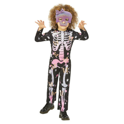 Black-Rose Gold-Pink - Front - Smiffys Girls Skeleton Sparkly Costume