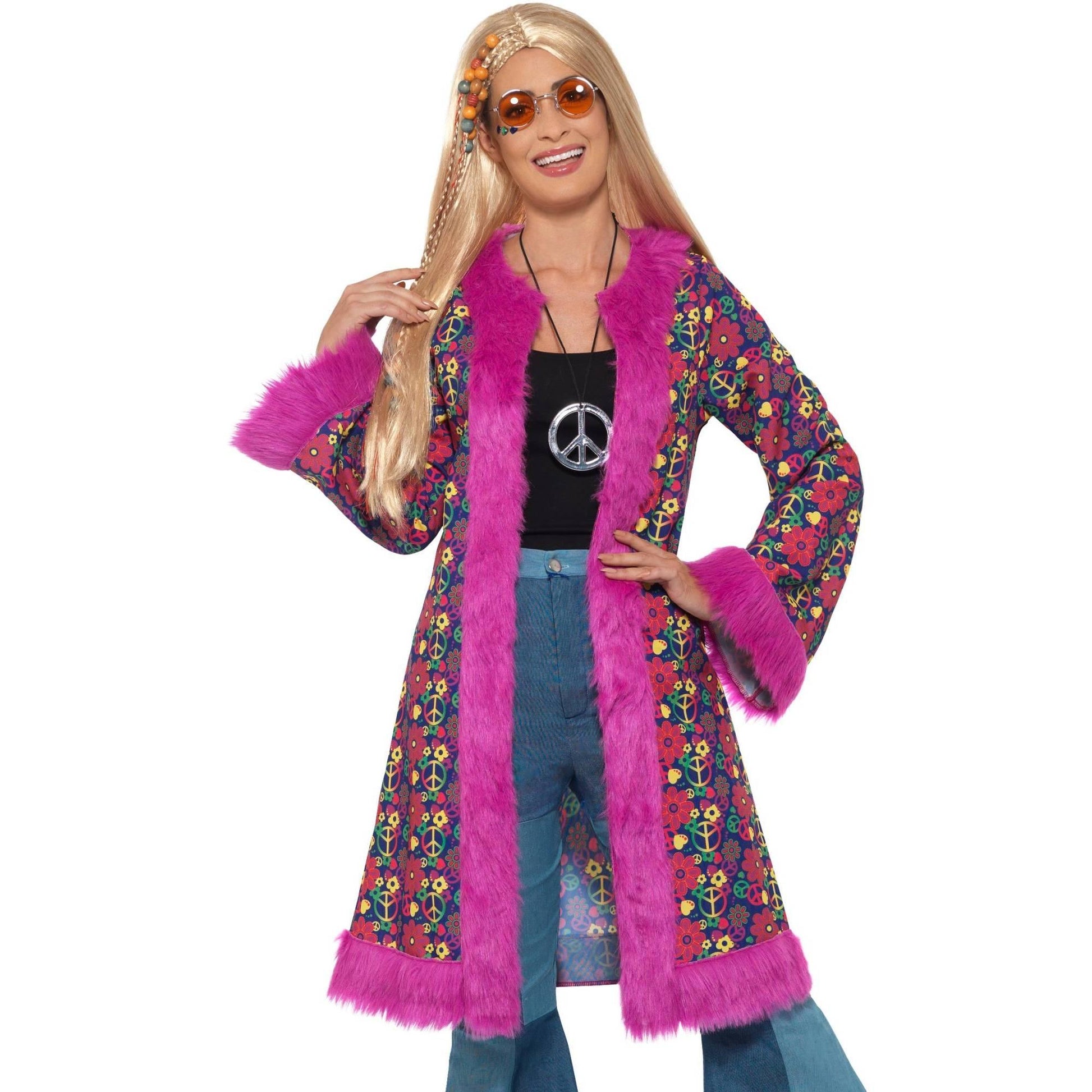 Pink-Multicoloured - Back - Smiffys Womens-Ladies 60s Hippie Coat