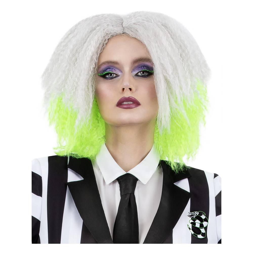 White-Neon Green - Front - Beetlejuice Womens-Ladies Wavy Wig