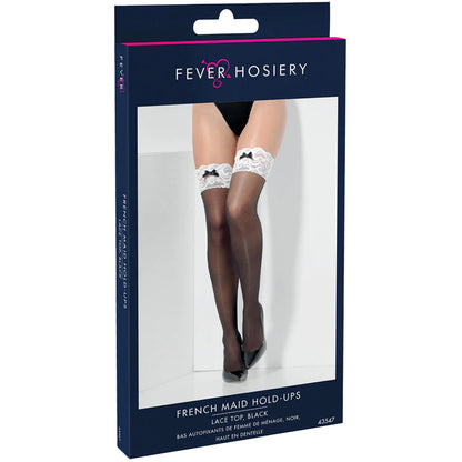 Black-White - Back - Fever Womens-Ladies French Maid Hold Up Stockings