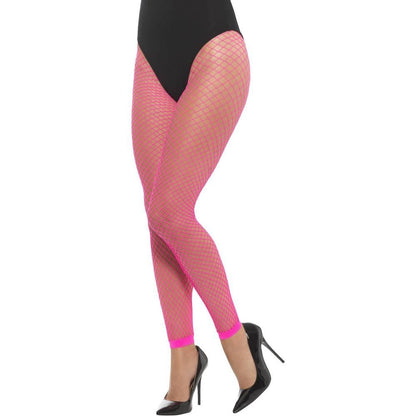 Neon Pink - Back - Smiffys Womens-Ladies Net Footless Tights