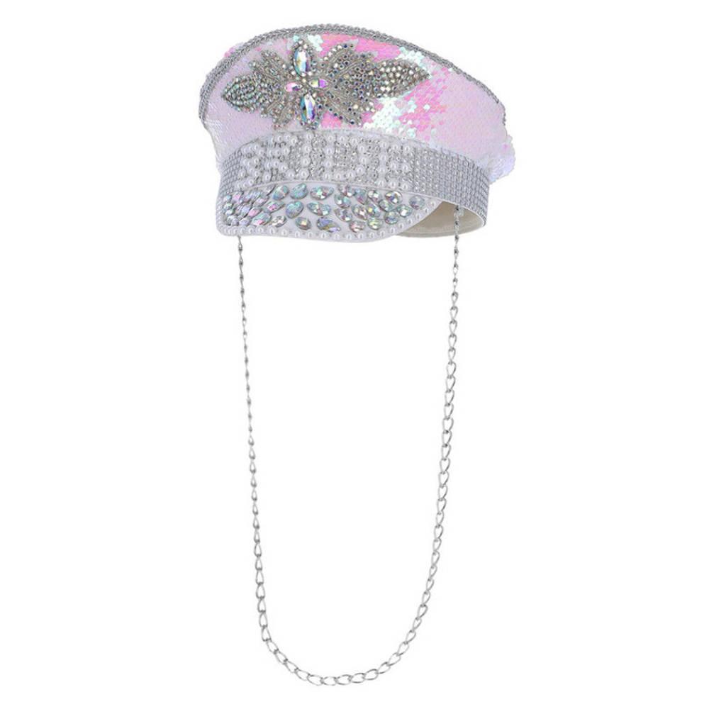 White - Back - Fever Womens-Ladies Deluxe Bride Pearl Sequin Captains Hat