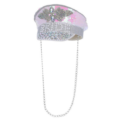 White - Back - Fever Womens-Ladies Deluxe Bride Pearl Sequin Captains Hat