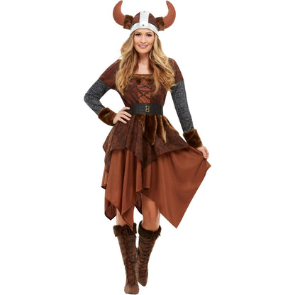 Brown - Back - Smiffys Womens-Ladies Viking Barbarian Queen Costume Set