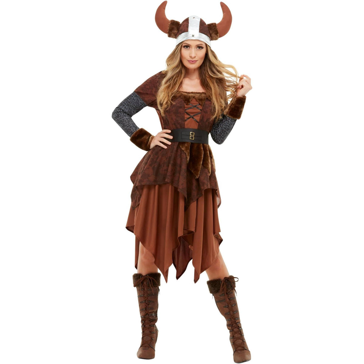 Brown - Side - Smiffys Womens-Ladies Viking Barbarian Queen Costume Set