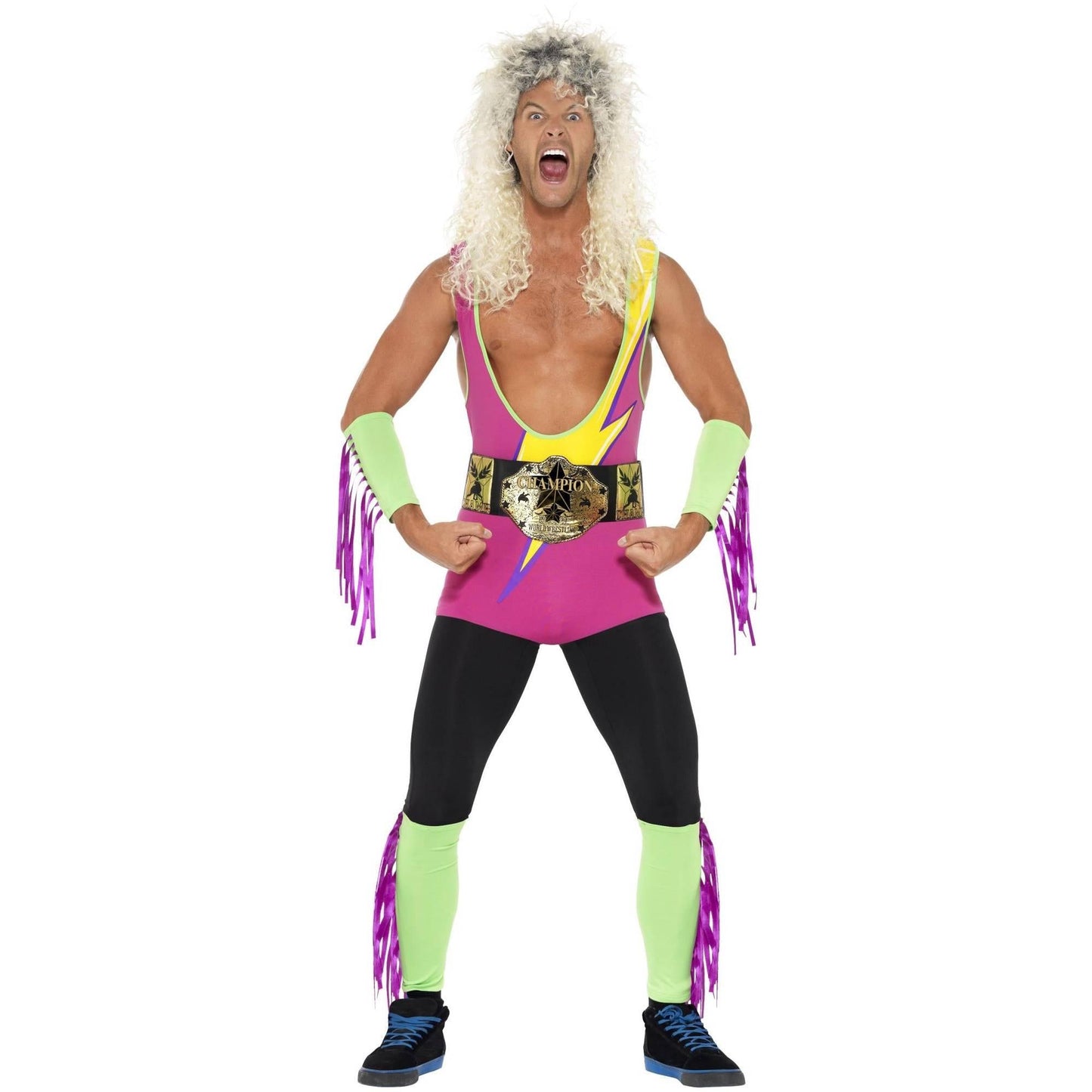 Pink-Green-Black - Back - Smiffys Mens Retro Wrestler Costume Set