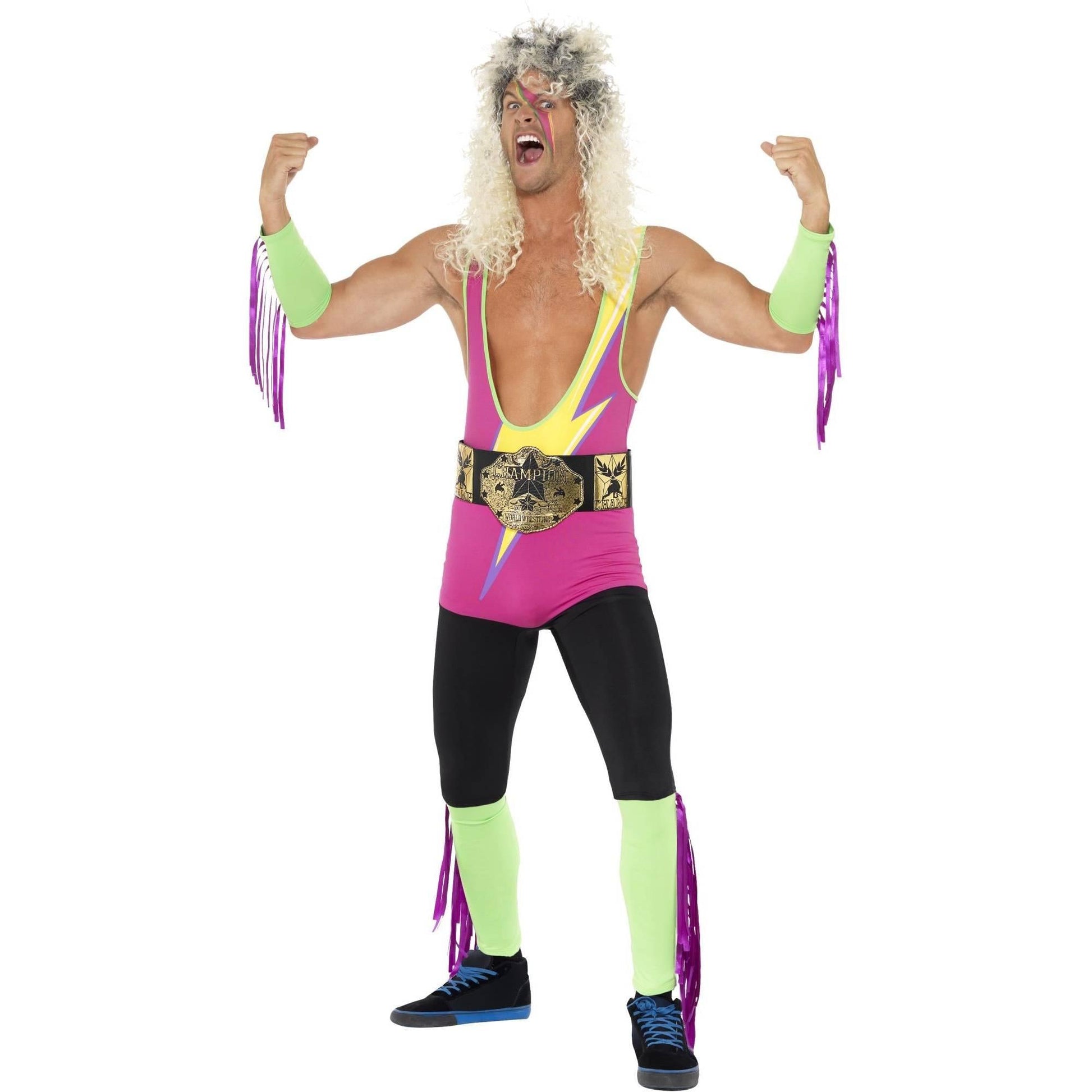 Pink-Green-Black - Lifestyle - Smiffys Mens Retro Wrestler Costume Set