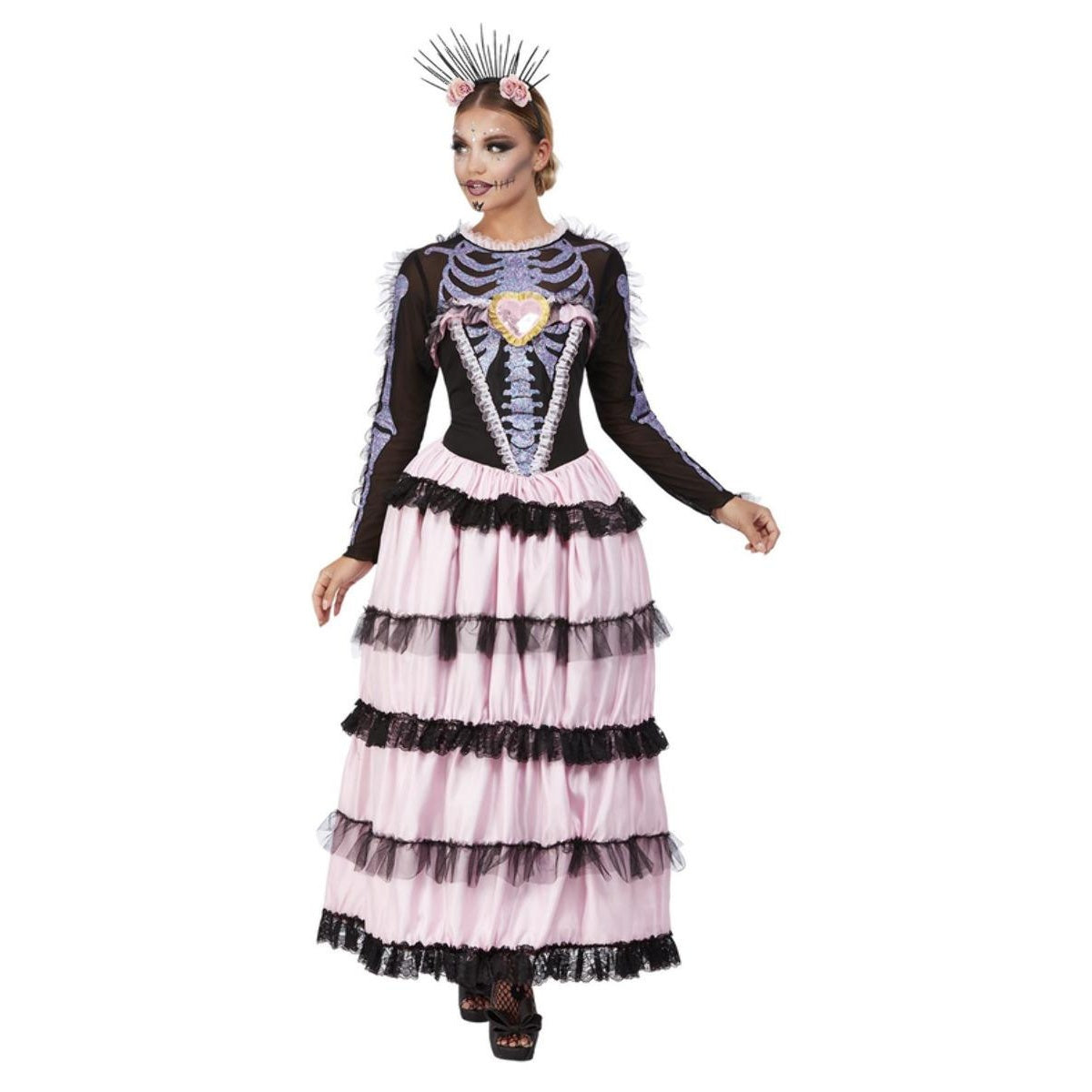 Pink-Black - Front - Smiffys Womens-Ladies Deluxe Senorita Day Of The Dead Costume Set