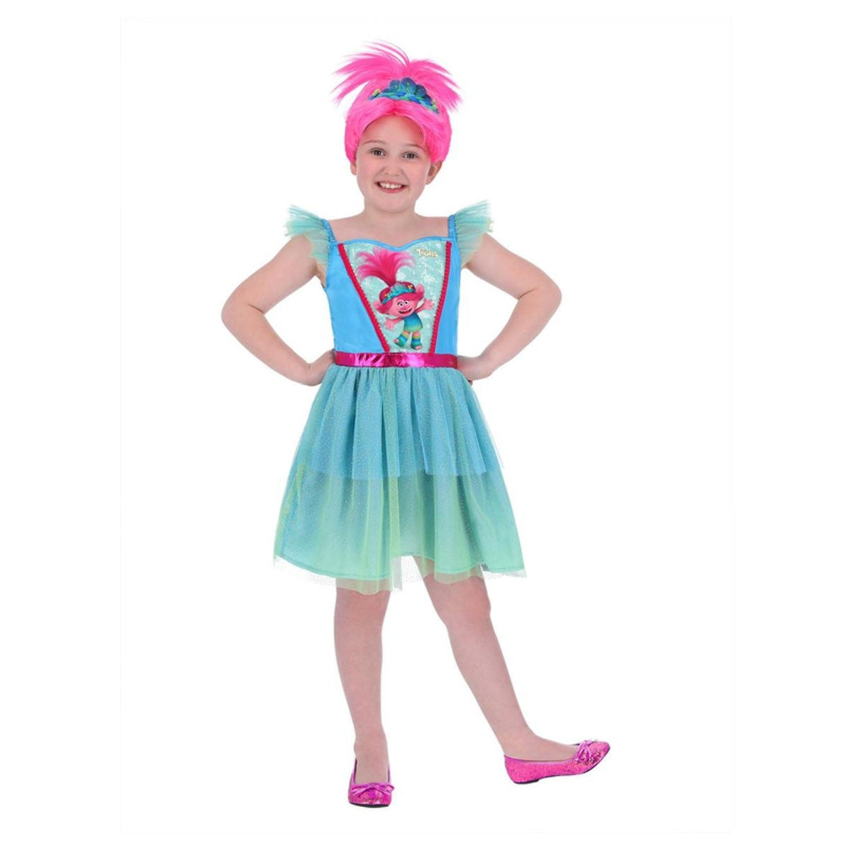 Blue - Front - Trolls Band Together Girls Poppy Costume Dress