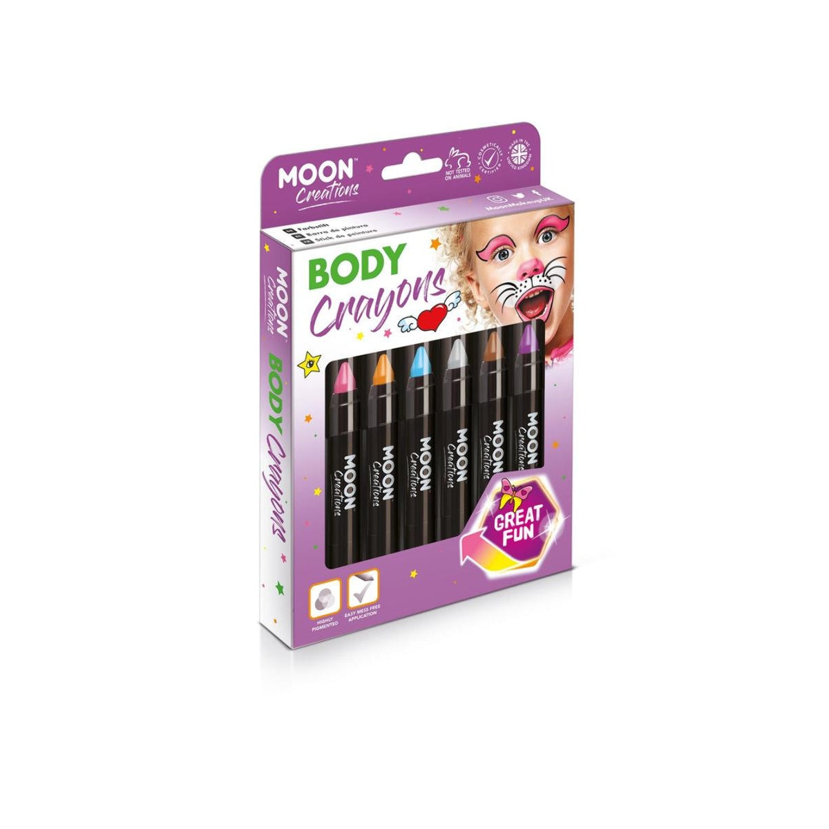 Pink-Orange-Blue-Grey-Brown-Purple - Front - Moon Creations Body Crayons (Pack of 6)