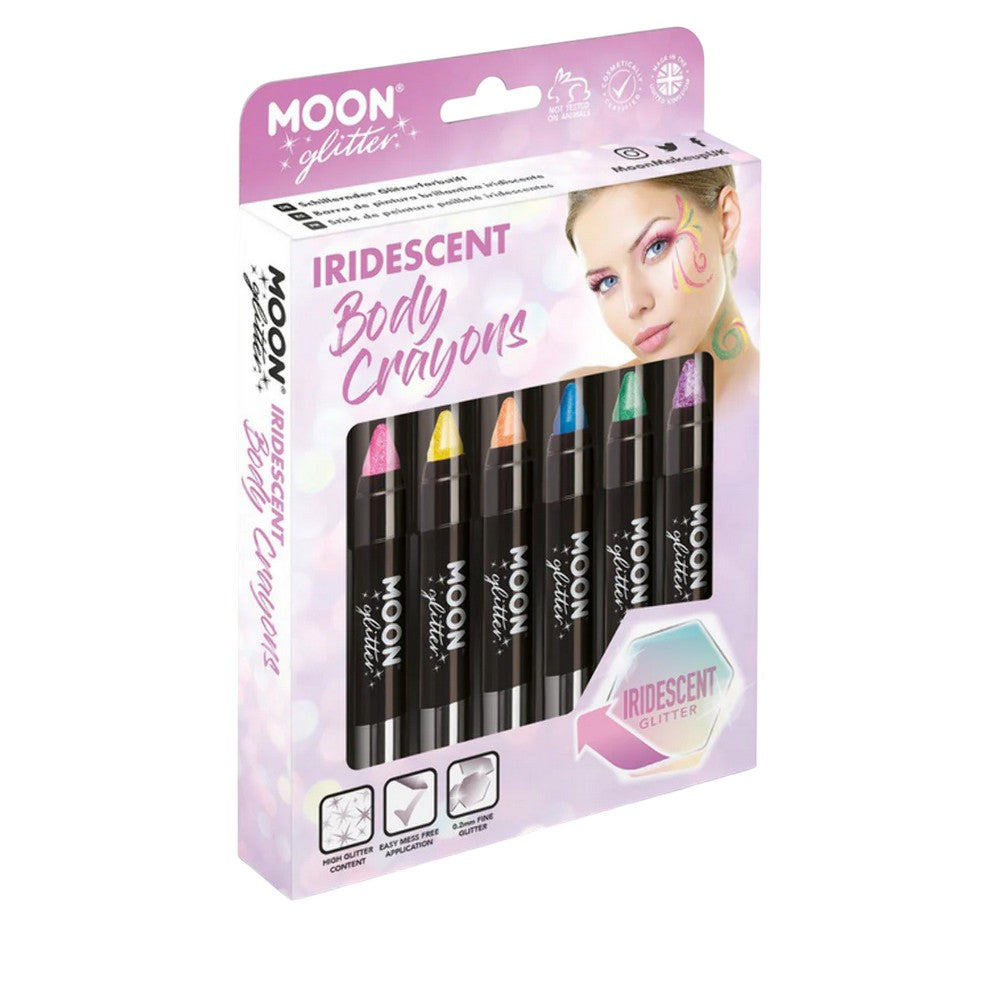 Pink-Yellow-Orange-Blue-Green-Purple - Front - Moon Glitter Iridescent Body Crayons (Pack of 6)