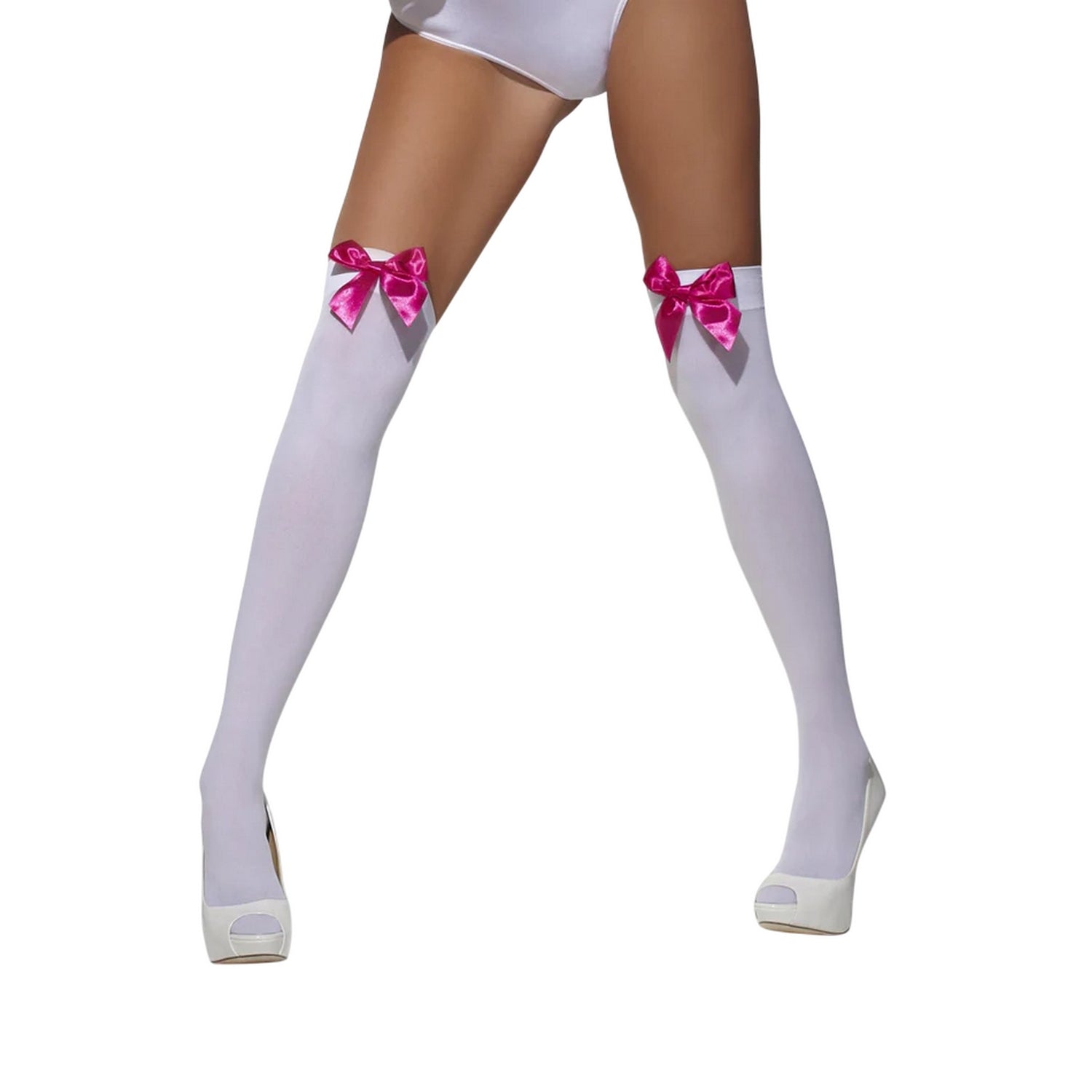 White-Fuchsia - Back - Smiffys Womens-Ladies Bow Opaque Hold Up Stockings