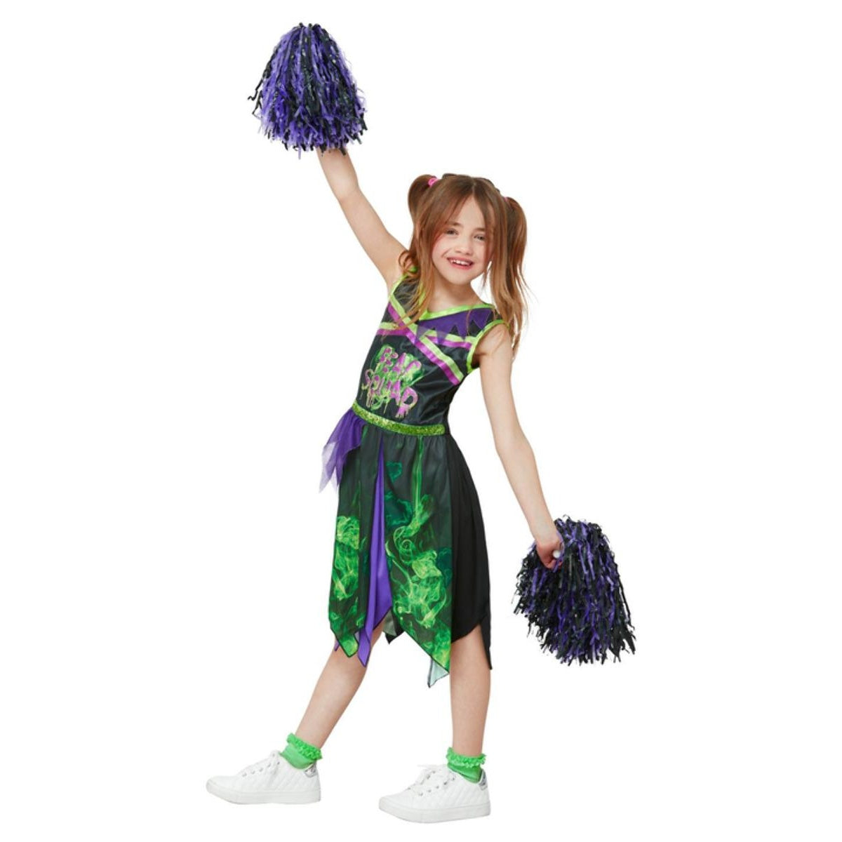 Black-Green-Purple - Front - Smiffys Girls Fear Squad Toxic Cheerleader Costume Set