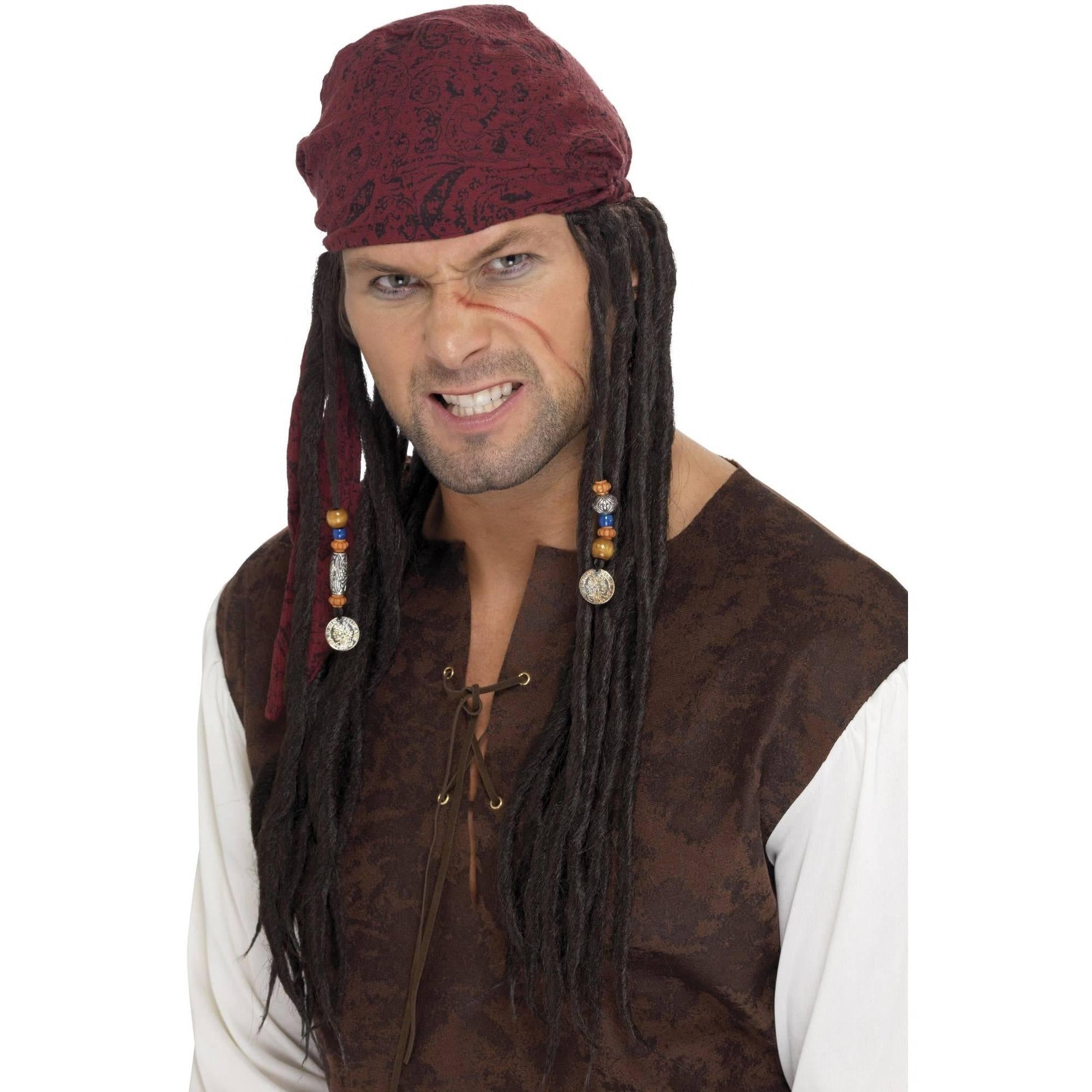 Brown - Front - Smiffys Pirate Bandana Wig