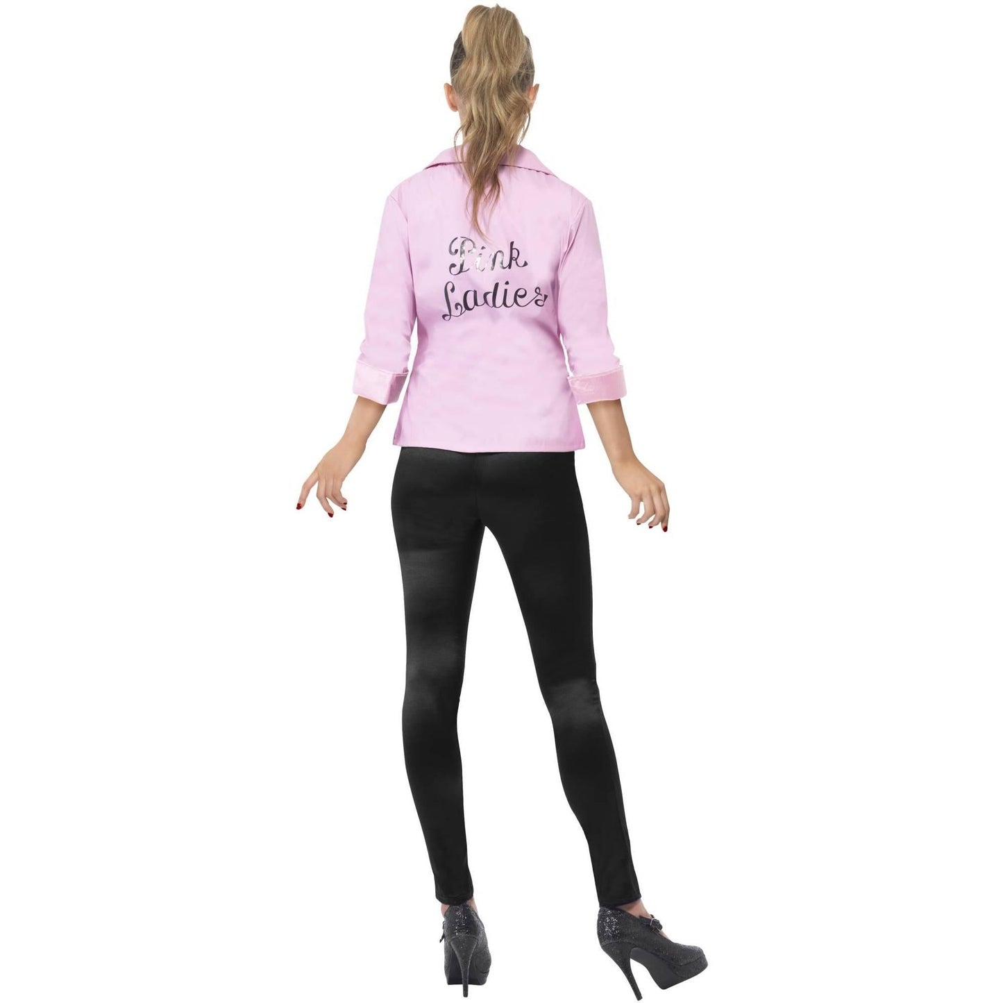 Pink - Back - Grease Womens-Ladies Deluxe Pink Ladies Jacket
