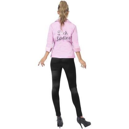 Pink - Back - Grease Womens-Ladies Deluxe Pink Ladies Jacket