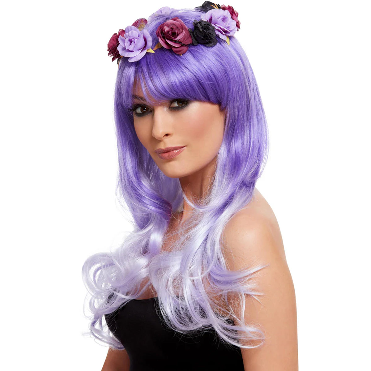 Purple - Back - Smiffys Womens-Ladies Deluxe Glam Day Of The Dead Wig