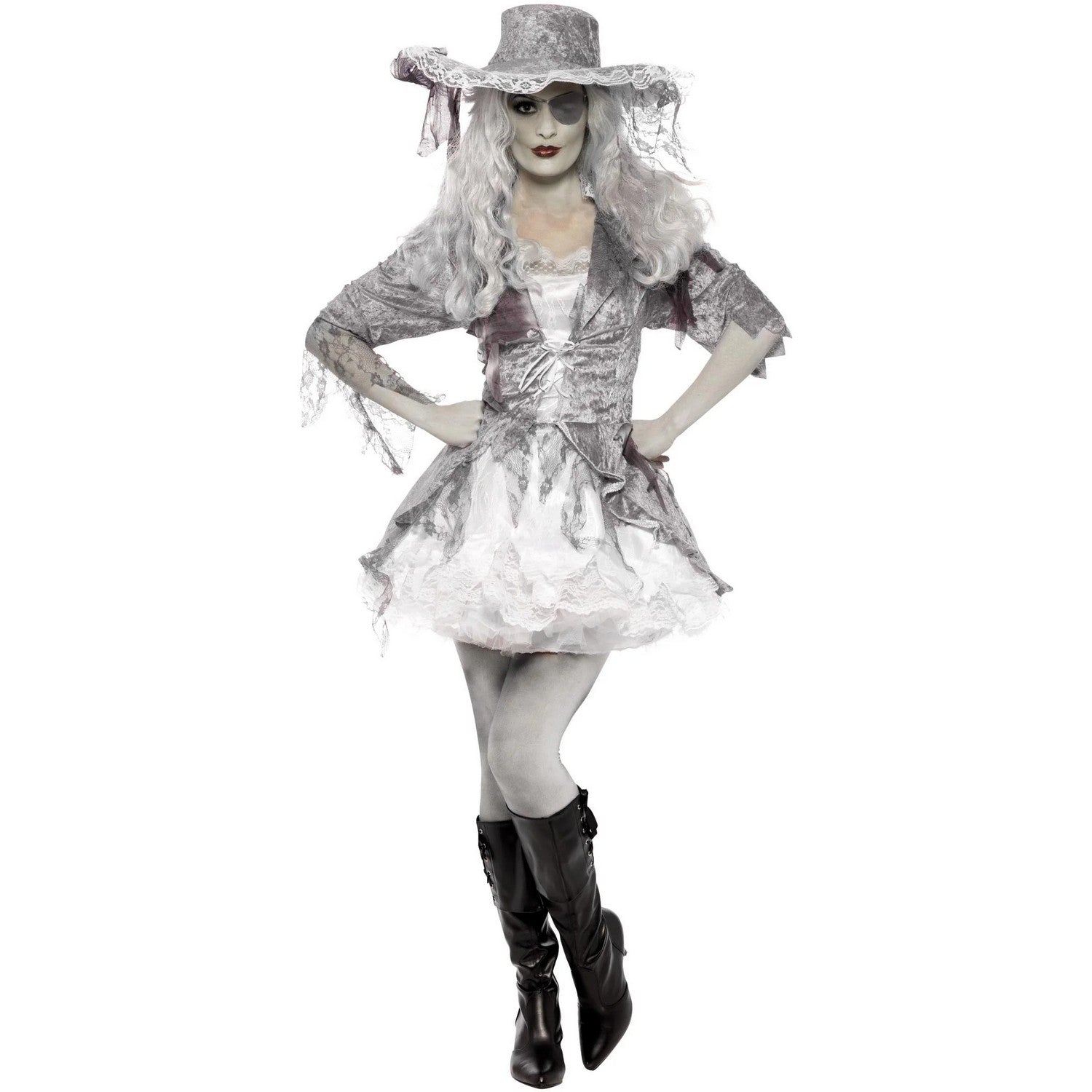 Grey-White-Silver - Lifestyle - Smiffys Womens-Ladies Deluxe Ghost Pirate Treasure Costume