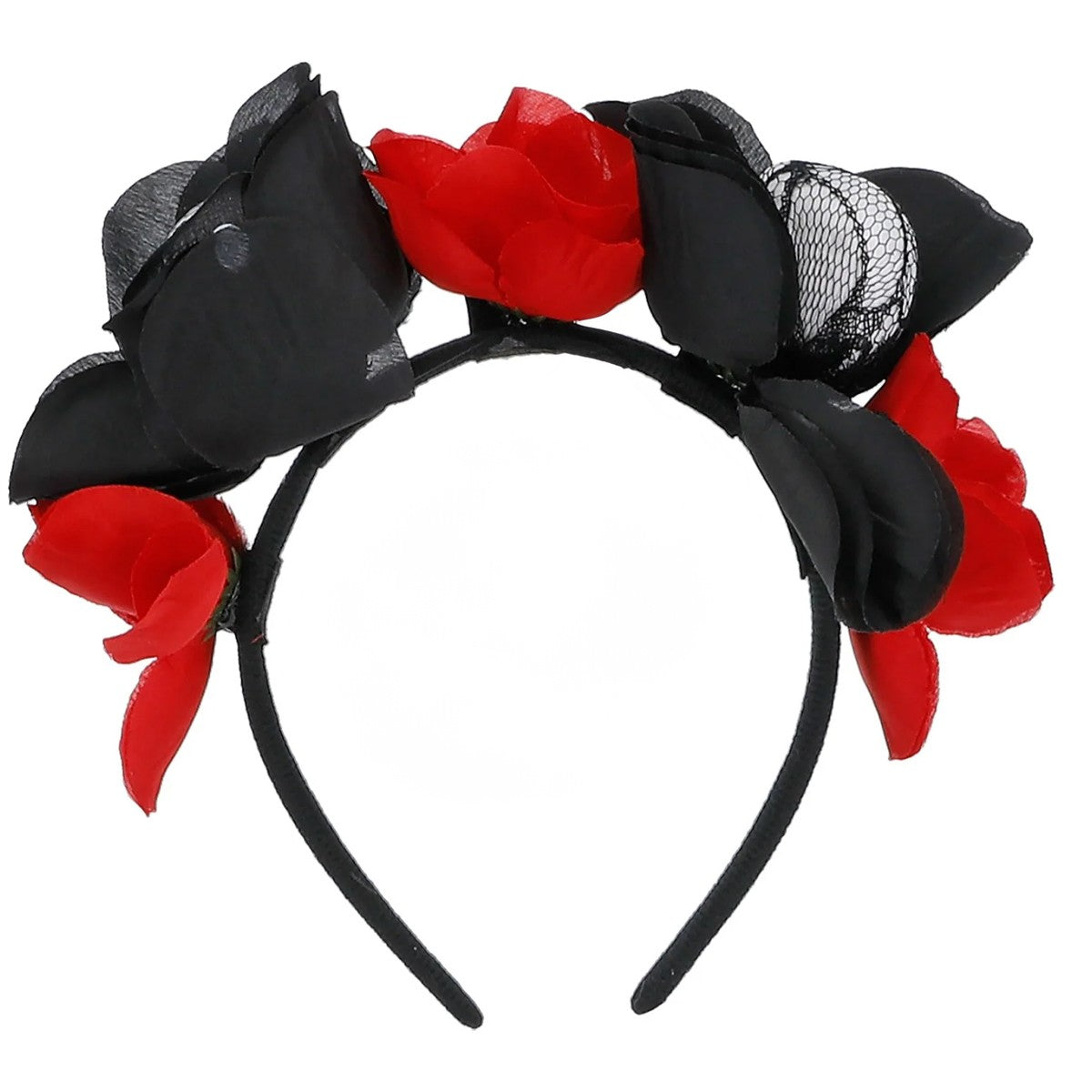 Black-Red - Front - Smiffys Skull And Roses Headband