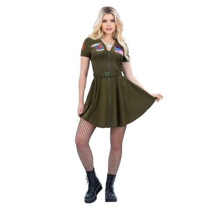 Olive Green - Side - Top Gun Womens-Ladies Costume A-line Dress