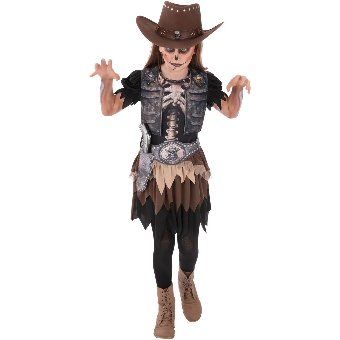 Black-Brown - Side - Smiffys Childrens-Kids Skeleton Cowgirl Costume