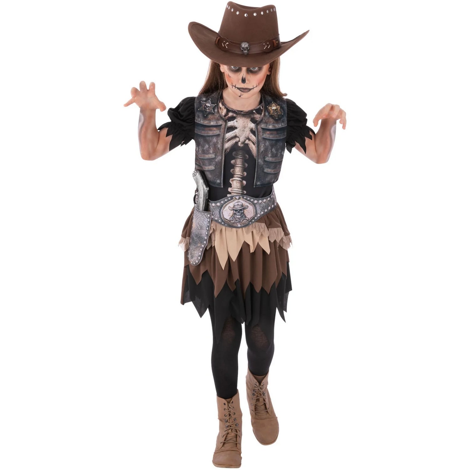Black-Brown - Side - Smiffys Childrens-Kids Skeleton Cowgirl Costume