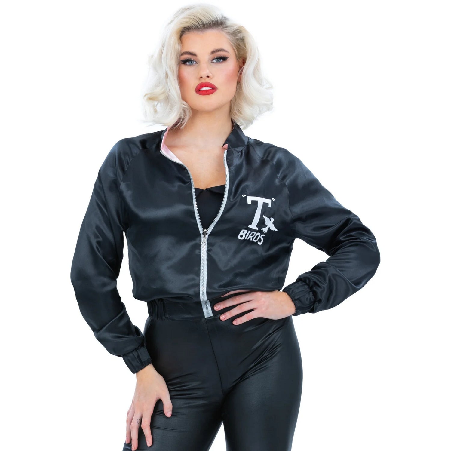 Pink-Black - Side - Grease Womens-Ladies Pink Ladies & T-Birds Reversible Costume Jacket