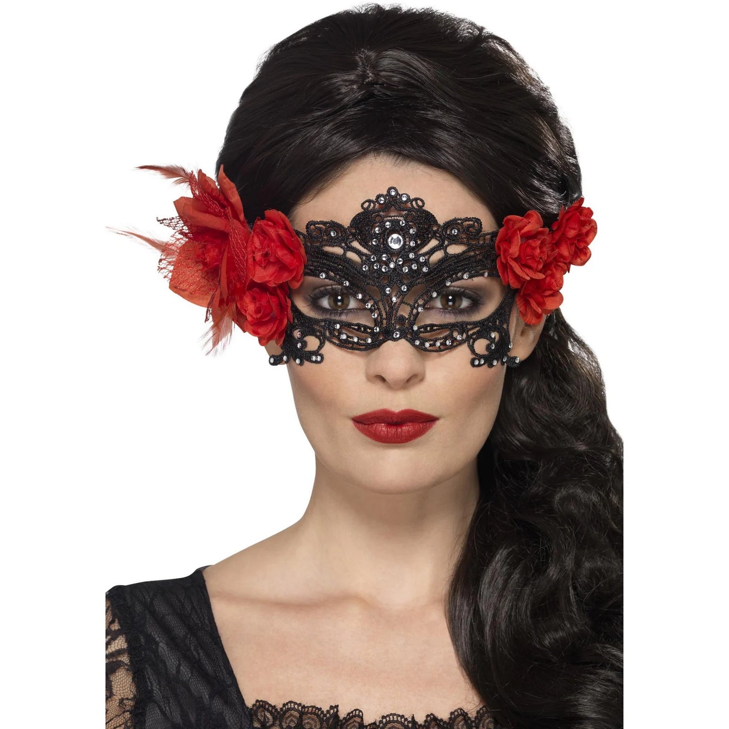 Black-Red - Front - Smiffys Day Of The Dead Lace Eye Mask