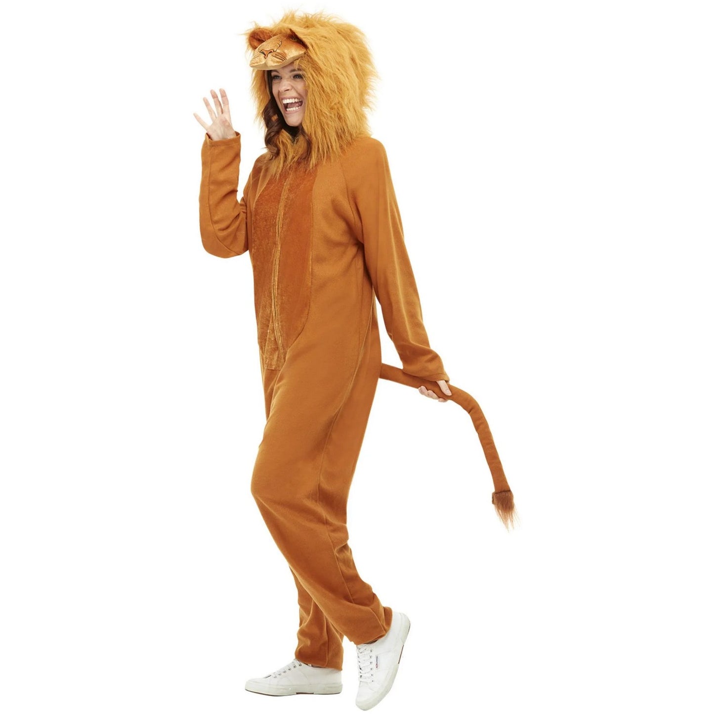 Brown - Side - Smiffys Unisex Adult Lion Costume Hooded Jumpsuit