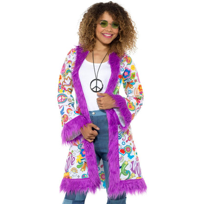 Multicoloured - Back - Smiffys Womens-Ladies 60s Groovy Hippie Coat