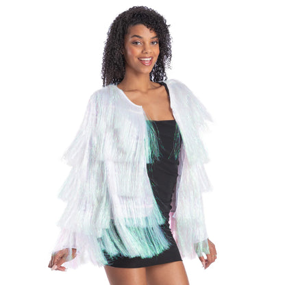 Iridescent-White - Back - Fever Womens-Ladies Tinsel Festival Costume Jacket